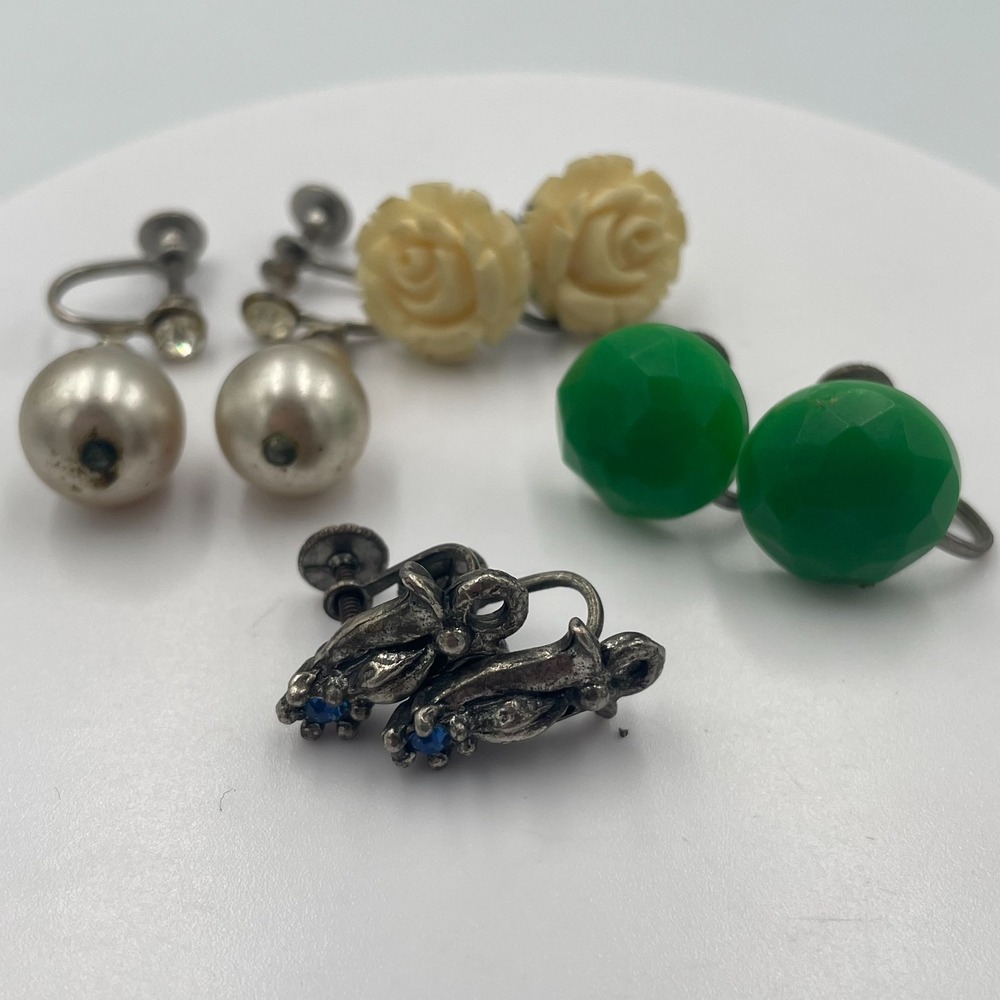 Vintage Mid Century Earring Lot 8Pc Screw Back Fishhook Pearl Crystal Boho Set
